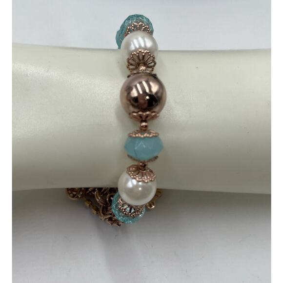 Betsey Johnson Rose Gold Tone Rhinestone  Faux Pearl Blue Beads Stretch Bracelet - Picture 7 of 11